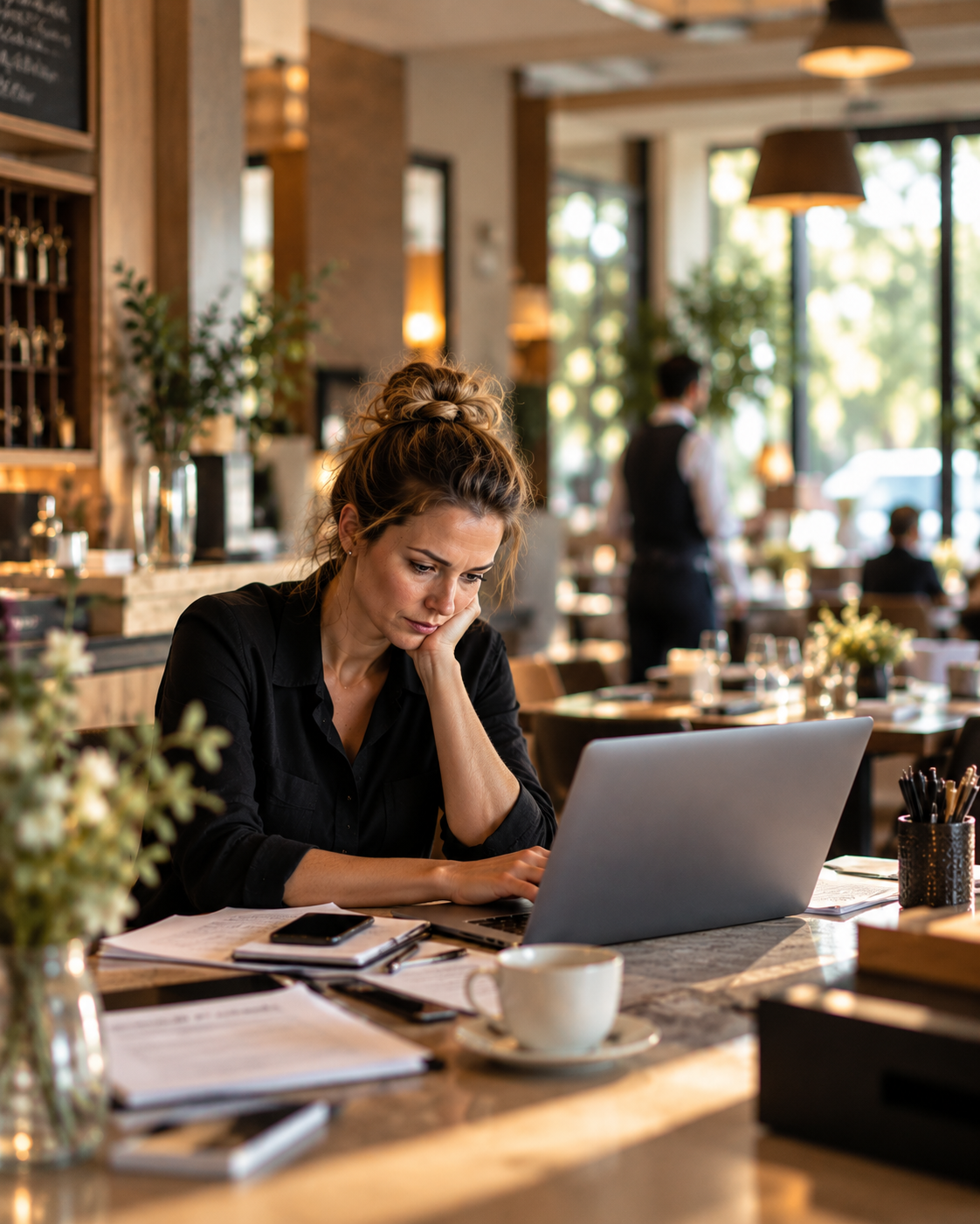 Eine Mitarbeiterin arbeitet am Laptop im laufenden Restaurantbetrieb.